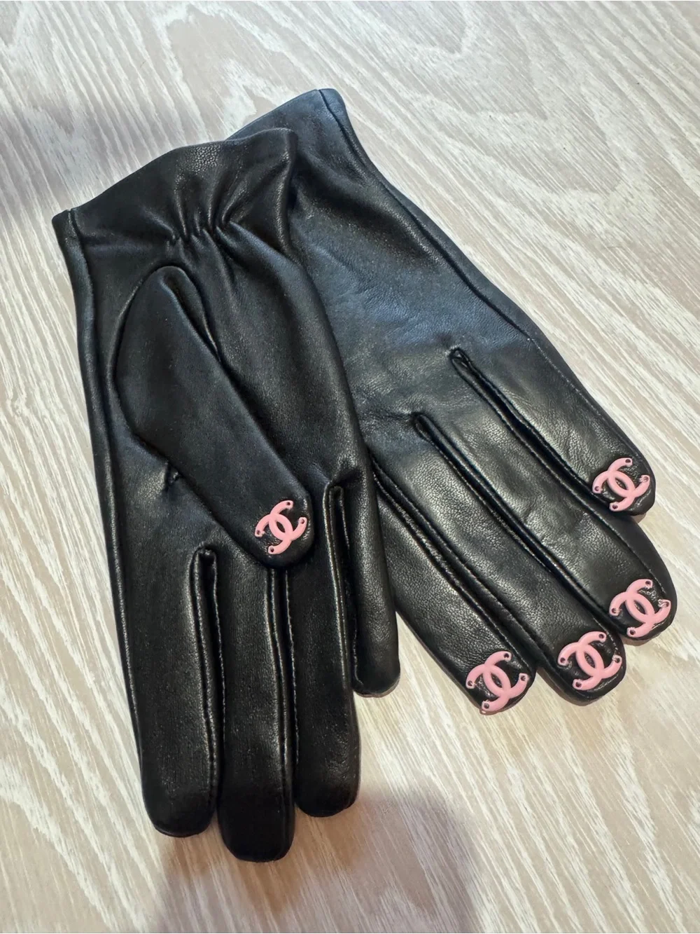 CHANEL Black Leather Gloves with Pink CC Accents